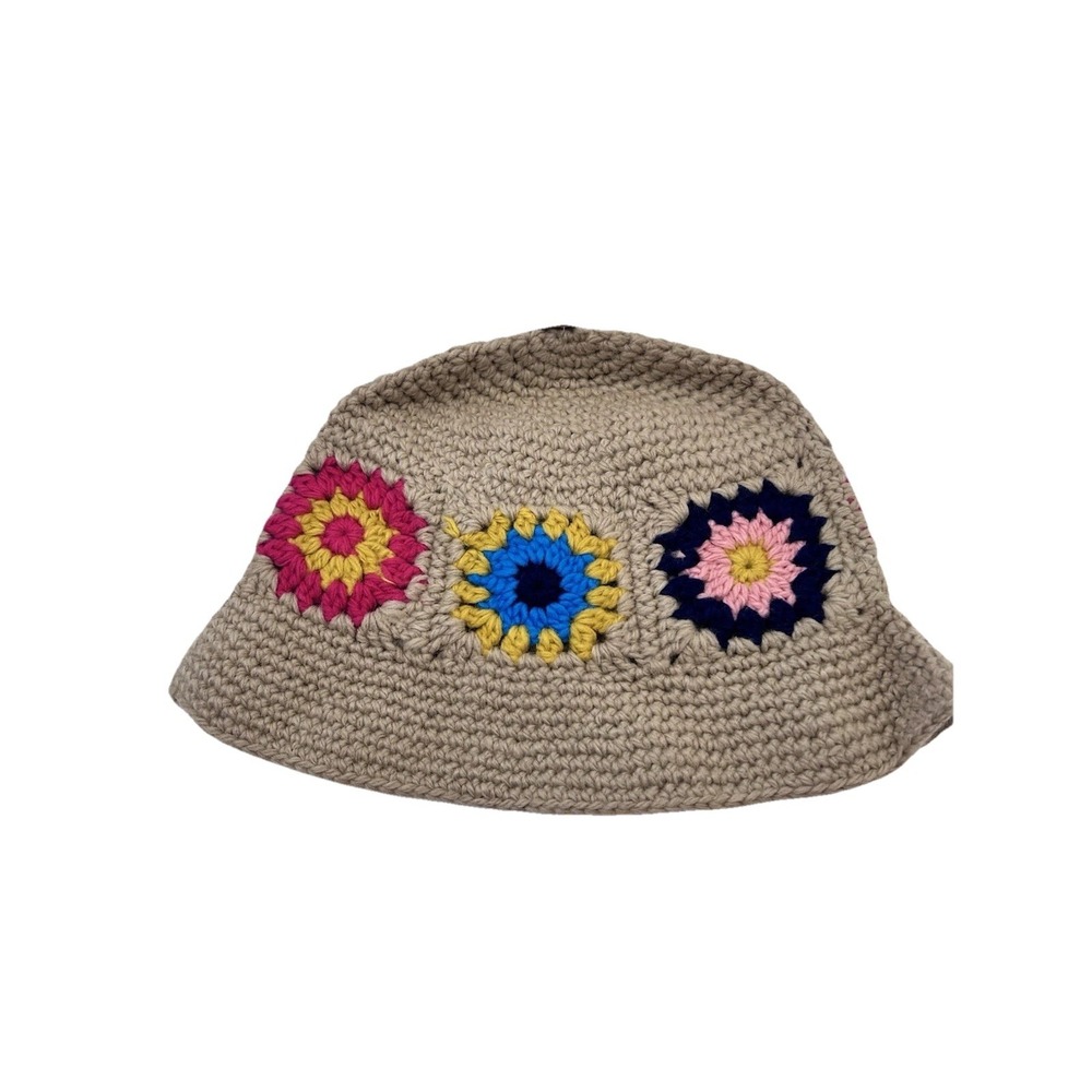 Women's Tan Crochet Bucket Hat Multi Sunflower Floral Print Spring Summer NEW